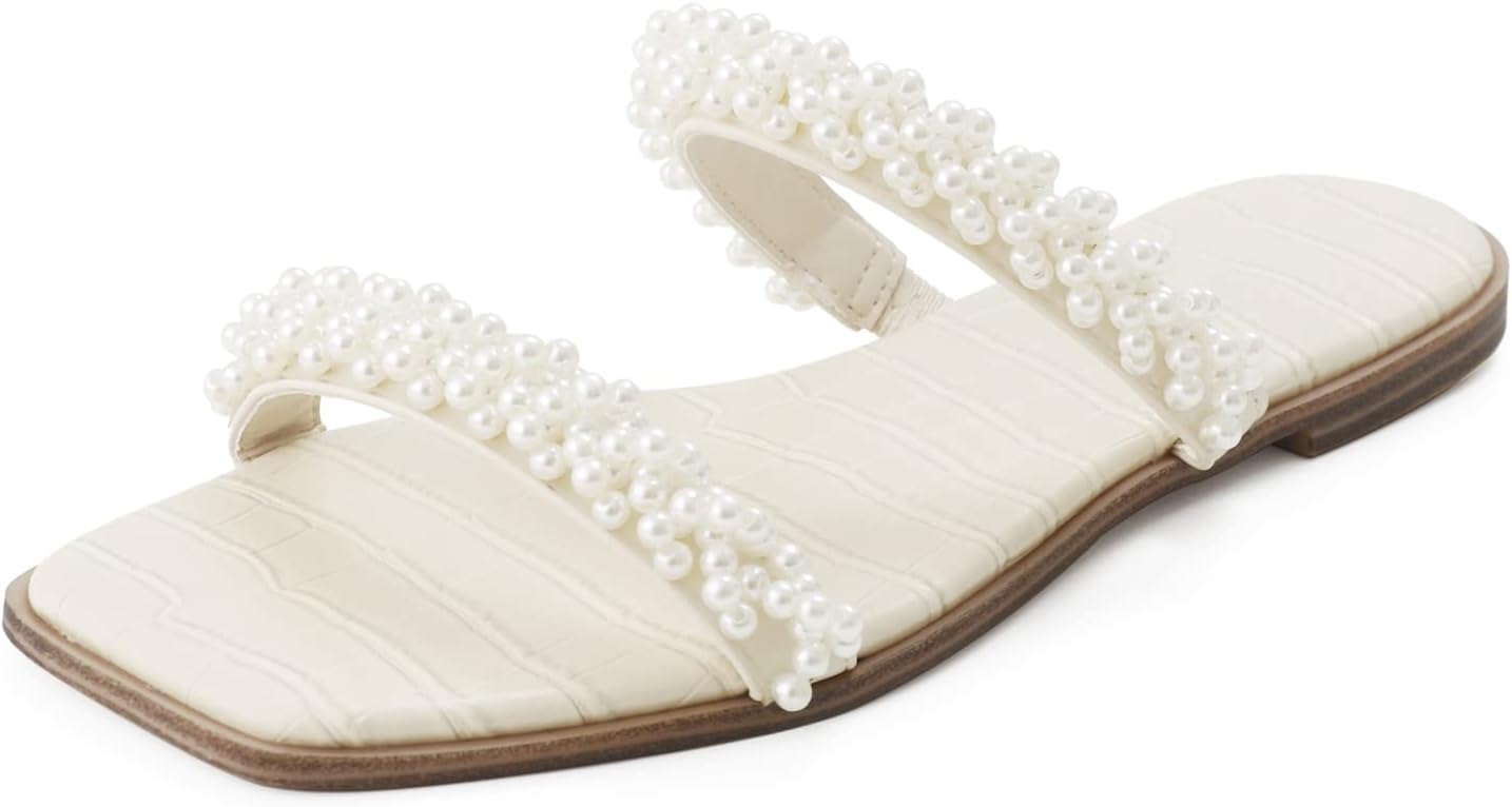 Women's Sparkly Casual Sandals, Crystal And Pearl Beaded Slides