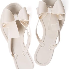 Women's Flat Thong Sandals, Jelly-Style Bow Beach Sandals With Stud Accents