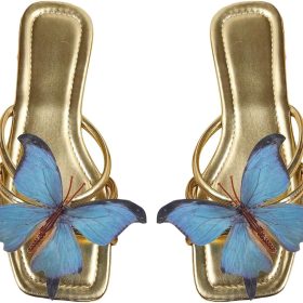 Women's Gold Sparkly Flat Sandals, Rhinestone-Embellished Cute Casual Slides
