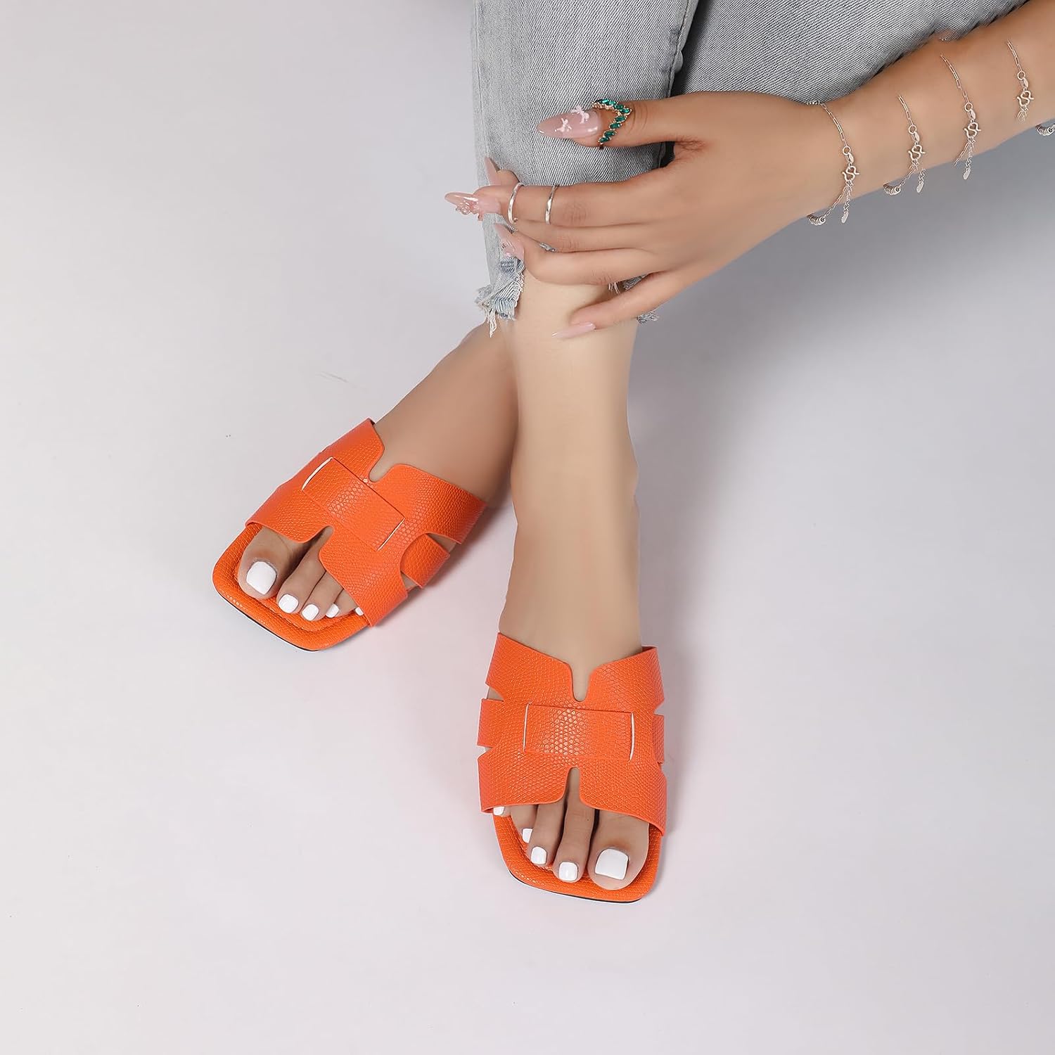 Women's Pearl-Accented Strappy Flat Sandals—Square-Toe Open-Toe Slip-Ons - Image 2
