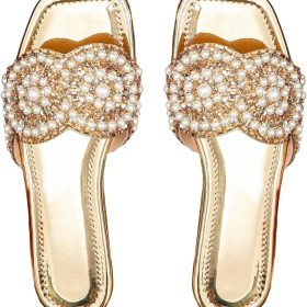 Women's Gold Flat Sandals, Glittery Square-Toe Metallic Slides