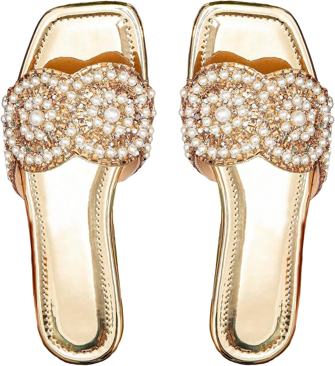 Women's Gold Flat Sandals, Glittery Square-Toe Metallic Slides