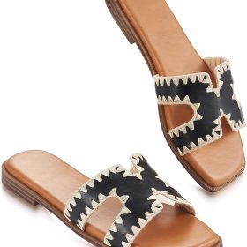 Women's Stylish Flat Slides—Soft Faux Leather Open-Toe Sandals With Memory Foam For Comfort