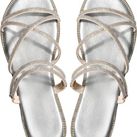 Women's Rhinestone Strappy Sandals, Sparkly Flat Slip-On Summer Open-Toe Crisscross Slides