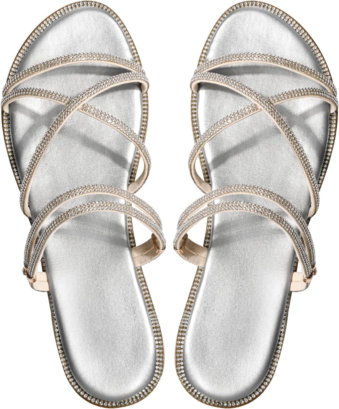 Women's Rhinestone Strappy Sandals, Sparkly Flat Slip-On Summer Open-Toe Crisscross Slides