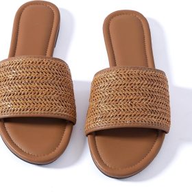 Women's Flat Sandals, Woven Leather Nude-Tone Summer Sandals, Suitable For Parties And Weddings
