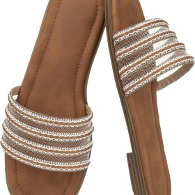 Women's Mesh And Rhinestone-Strap Slides, Flat Sandals