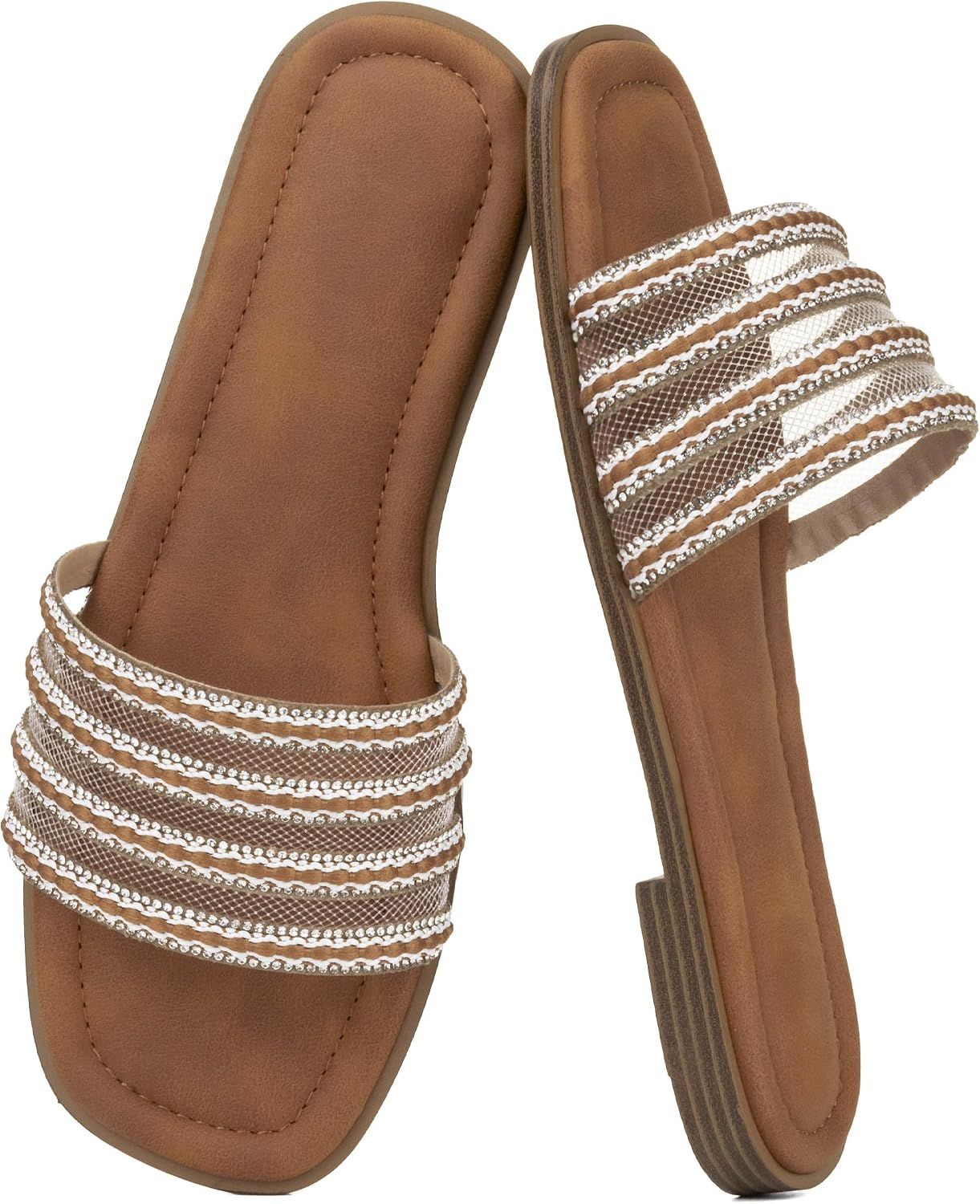 Women's Mesh And Rhinestone-Strap Slides, Flat Sandals