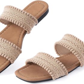 Women's Flat Sandals With Woven Leather Double Straps—Boho-Style Beach Slides For Casual Summer Vacations