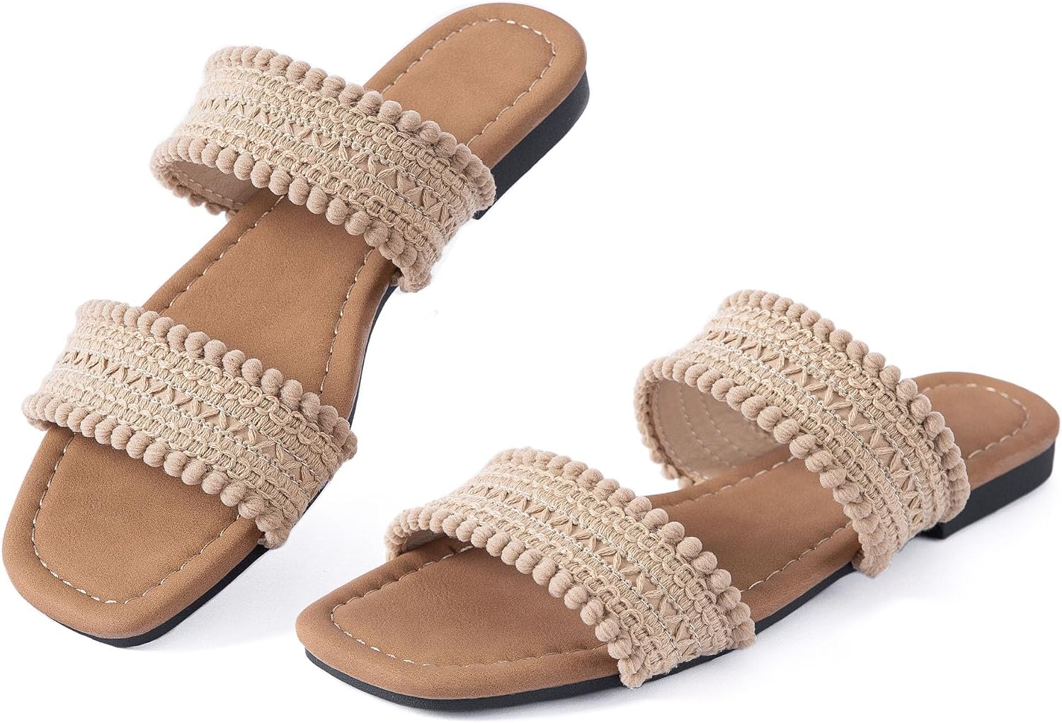 Women's Flat Sandals With Woven Leather Double Straps—Boho-Style Beach Slides For Casual Summer Vacations